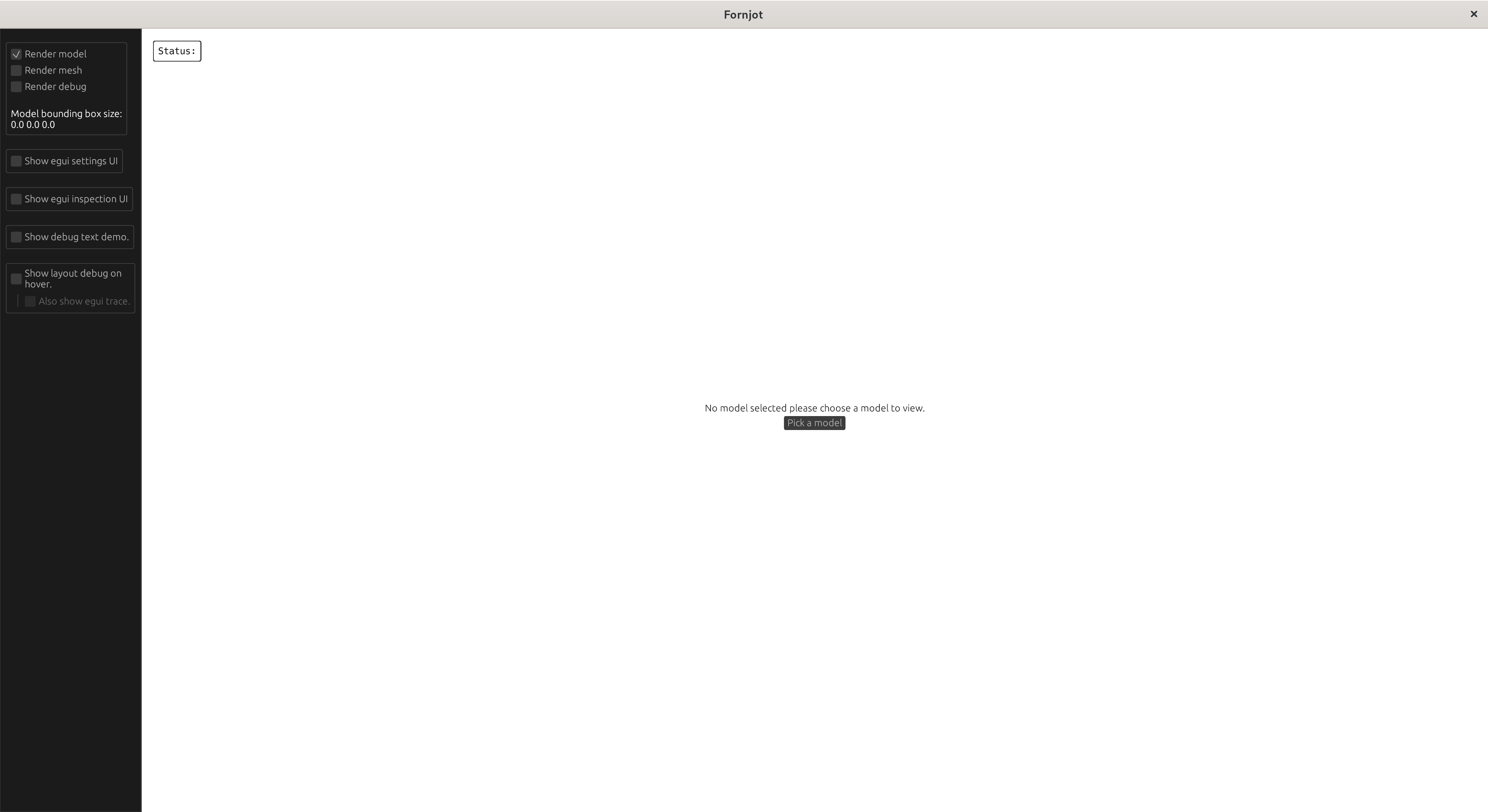 Screenshot of the current Fornjot app; no model is being displayed, and there's a button in the center of the window that prompts the user to pick a model